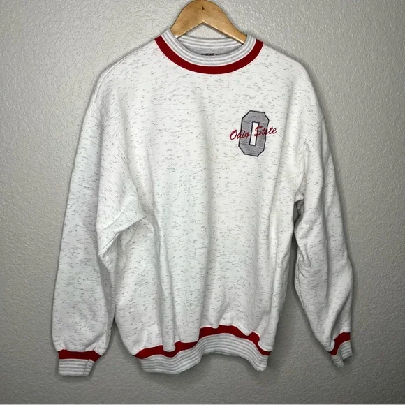 Vintage 90s Ohio State Buckeyes Crewneck Sweatshirt White Red Ringer Size Large‎