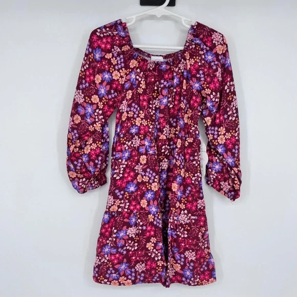 Long Sleeve Floral Dress Girls 4T Magenta Berry Tiered Boho Cottagecore Spring