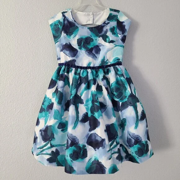 Gymboree Dressed Up Watercolor blue and teal floral party dress girls size 5