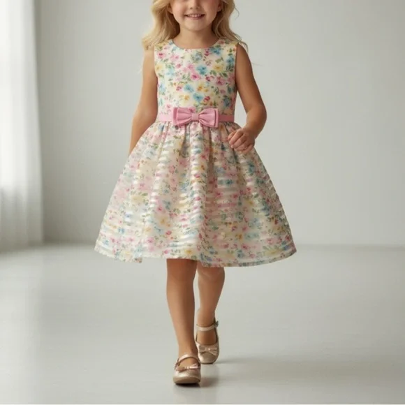 Jona Michelle Multicolor Floral Dress with Pink Bow Size 6