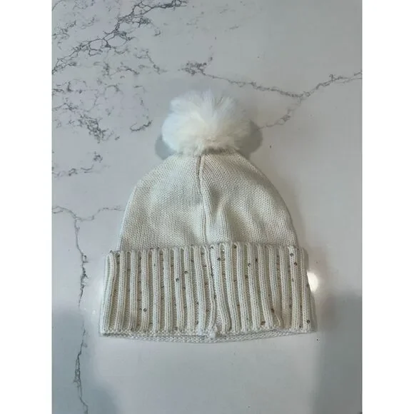 Anne Klein White Sequin Faux Fur Pom Beanie Hat