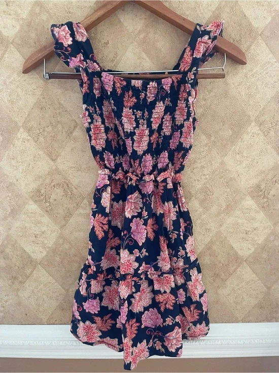 Old Navy Girls Floral Smocked Sundress Size Large 10-12 Navy Pink Tiered Dress