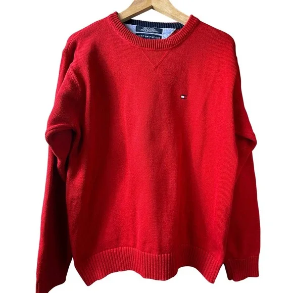 VTG Tommy Hilfiger Men's Red Crew Neck Long Sleeve Sweater Large Preppy