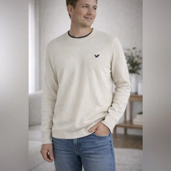 American Eagle Mens Long Sleeve Thermal Knit Crew Neck Shirt LG Beige‎ Y2K