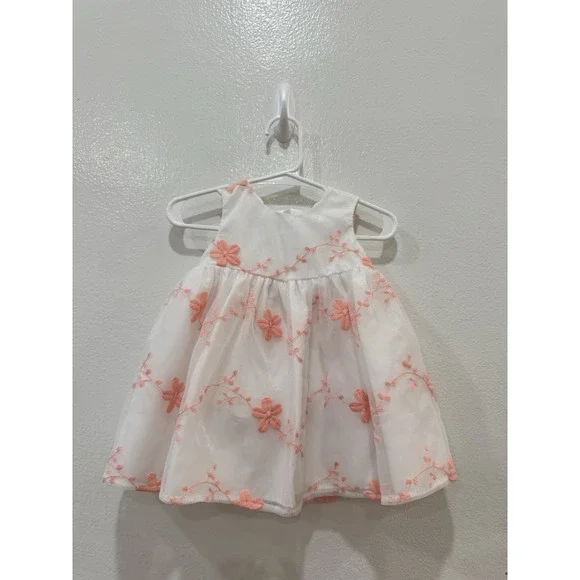 Baby Girls White Coral Pink Floral Embroidered Party And Special Occasion Dress
