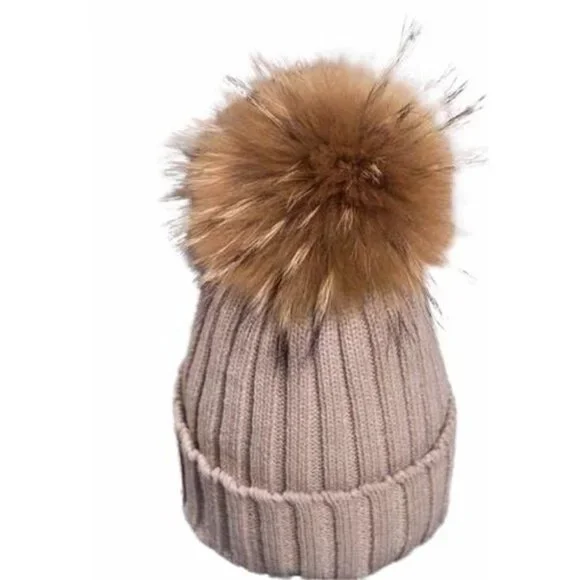 Winter Womens Stretch Knit‎ Beanie Hat Faux Fur Pom Pom Beige Warm Ribbed Fold