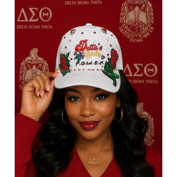 Delta Sigma Theta Baseball‎ Cap White with Red Rhinestones & White Pearls
