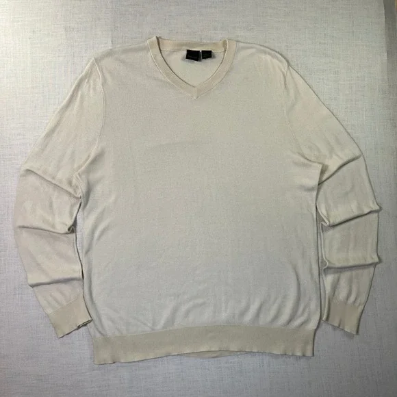 VTG Marshall Fields Mens Large Sweater Off White V Neck Cotton Ribbed Trim‎ Knit