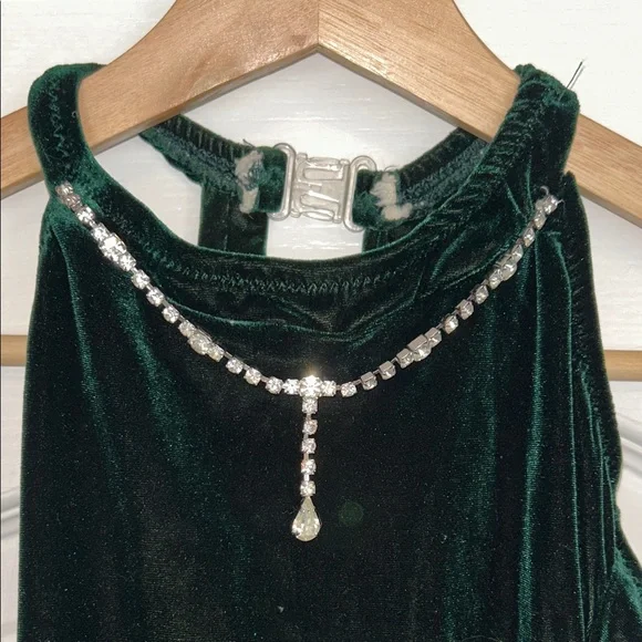 Elegant Emerald Green Girls Halter Dress with attached Rhinestone necklace