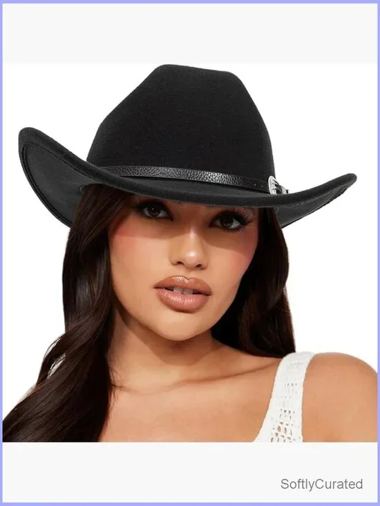 Classic Felt Cowboy Hat with Buckle Belt - Wide Brim Rodeo Cowgirl Hat for