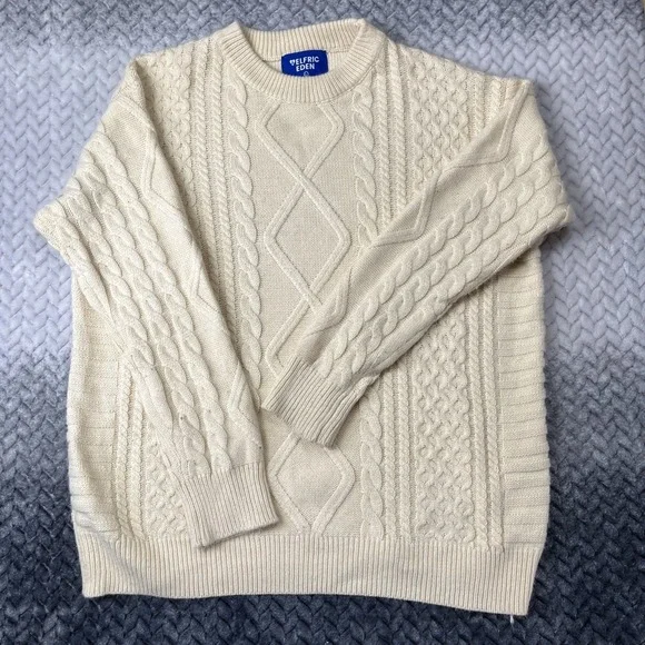 Aelfric Eden Sweater Size L Mens Ivory Crew Neck Cable Knit Fisherman Pullover
