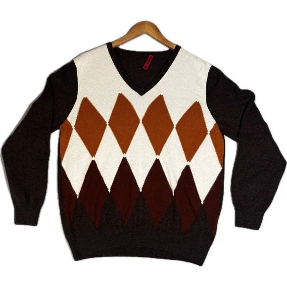 Beltrami Mens 100% Cashmere Argyle V-Neck Sweater Brown Orange Italy Size 56