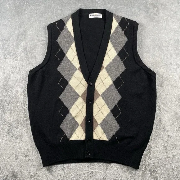 VTG Mackinnon of Scotland Sweater Vest Mens Size L Black 100% Lambs‎ Wool Argyle