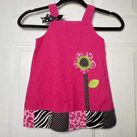 VTG Ribbed Material Jumper Dress Girls Sz 3T‎ Pink Flower Patchwork Trim EUC