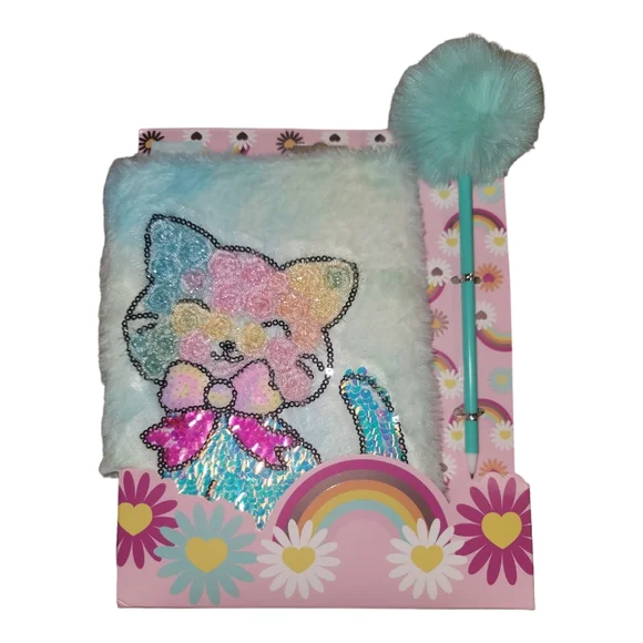 Cat Secret Fuzzy Plush Diary Journal Embelished Sequins Writing Book and Pen Set