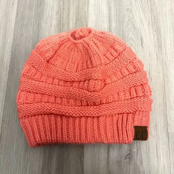 C.C Peachy‎ Orange-Pink Ponytail Cable Knit Winter Beanie Hat