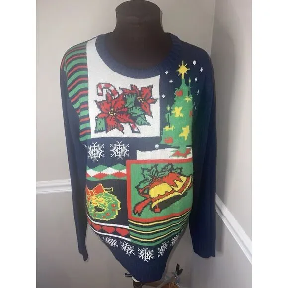 JEM Holiday Sweater Ugly Christmas Sweater Mens Sz L Navy Blue‎