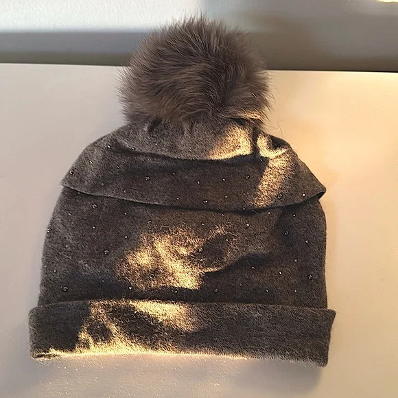 NWOT! Gray Sparkle Hat with Fur Pom!