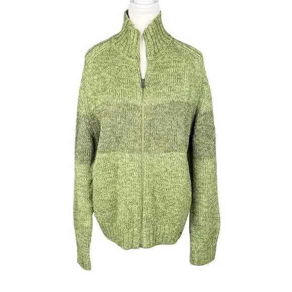 Aigle Mens Wool Zip Up Cardigan Sweater Knit Green‎ Stripe Grunge Y2K Medium