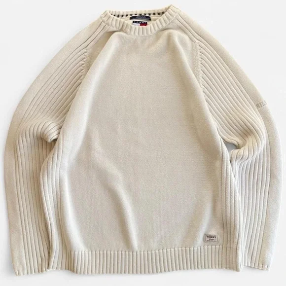 Vintage Tommy Hilfiger Y2K ‘03 Cream Tone Cotton Ribbed Knit Crewneck Sweater