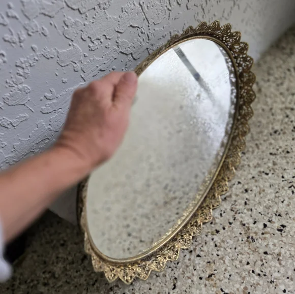 Vintage Hollywood Regency Vanity Mirror Tray Gold Tine Edge Oval 16x11.5