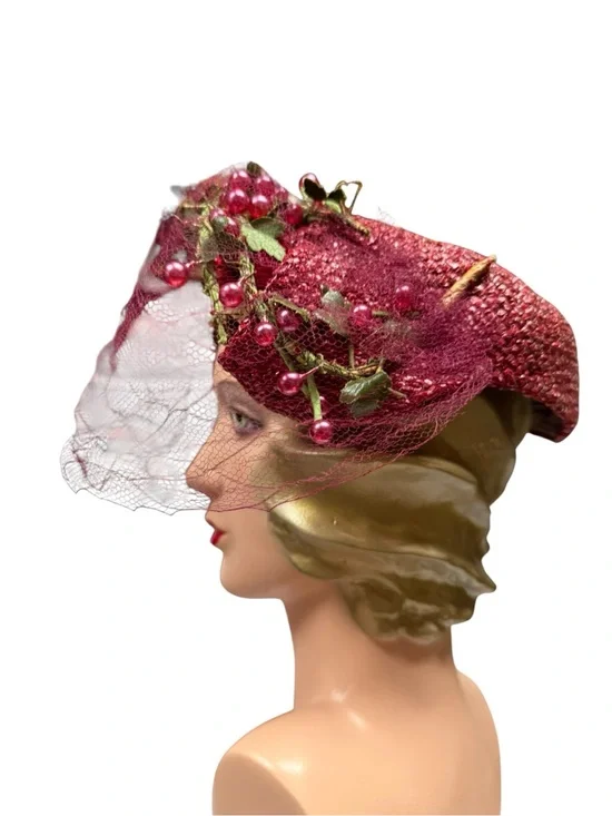 Vintage Eraine Wendling Berry Cocktail Hat with Veil and Bead Trim