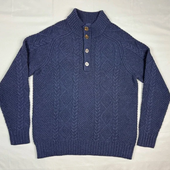Brooks Brothers Mens Cable Knit Sweater Sz Large Merino Wool Button Mock Neck C6