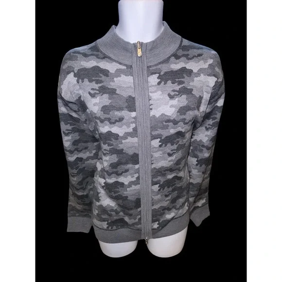 Peter Millar Full Zip Sweater Mens XL Grey Camo Merino Wool‎ Blend Quiet Luxury