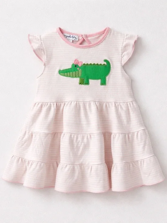 Magnolia Baby pink & white stripe  tiered dress with alligator appliqué 12 Mon
