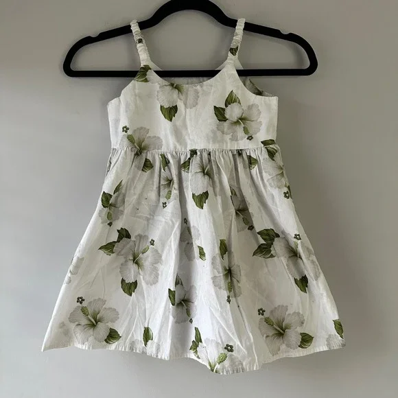 Vintage Pacific Legend Sun Dress Girls 5-6 White Green Hibiscus Hawaiian Cotton