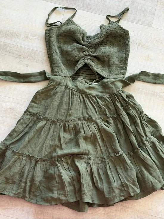 Olive Green Tiered Dress with Smocked Bodice - Kids