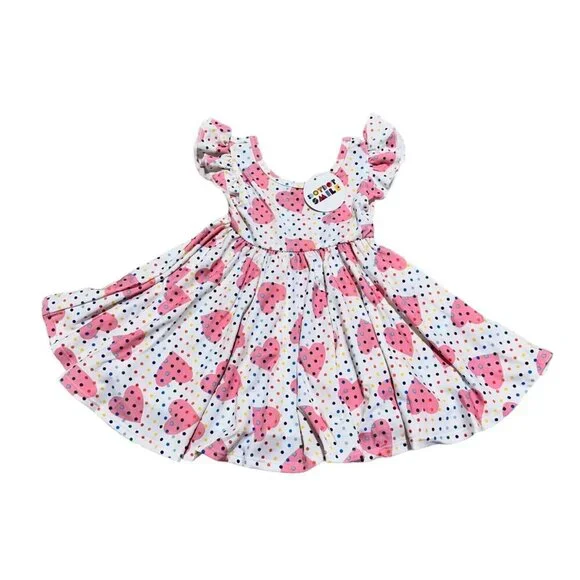 Dot Dot Smile Size 12/24M Empire Dress Pink Heart Polka Dot Flutter Sleeve Twirl