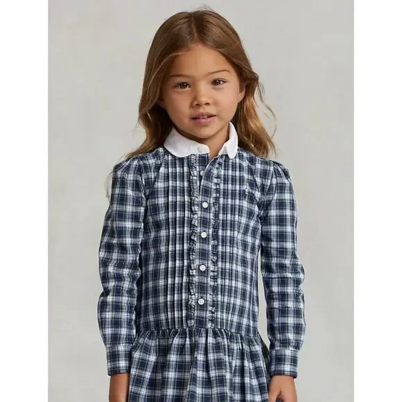 POLO Ralph Lauren Girls Navy Blue Green Plaid Stretch Poplin Shirt Button Dress