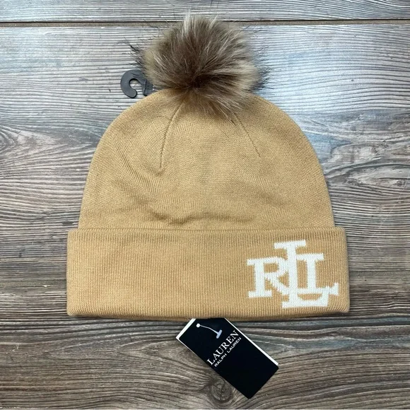 Ralph Lauren Women’s Knit Logo Beanie‎ with Faux Fur Pom Pom Camel Cream NWT