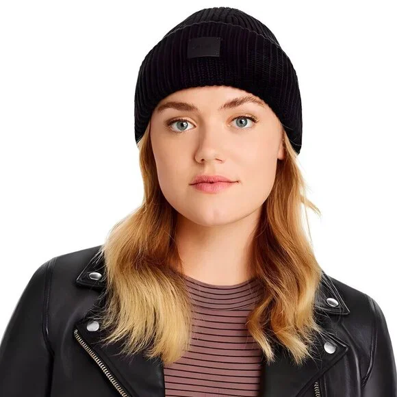 ALLSAINTS Traveling Rib Patch Casual Black Beanie Hat Wool Blend