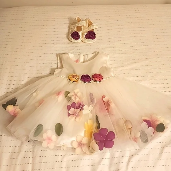Fancy dress white with flowers and pearls,with matching shoes 6-9 M