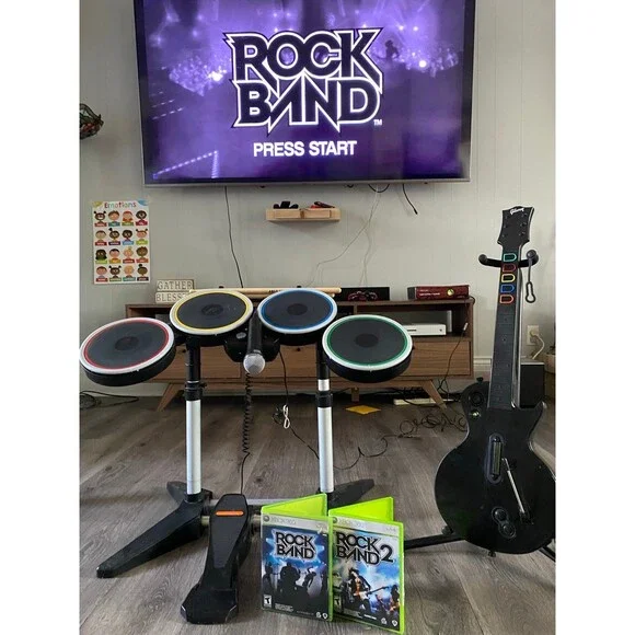Xbox 360 Rock Band 1 & 2 Wireless band Kit Guitar Drums Mic Game Bundle Complete