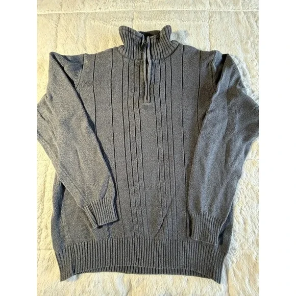 Oscar de la Renta Men's Sweater S Gray Ribbed Knit Quarter Zip Pullover Cotton