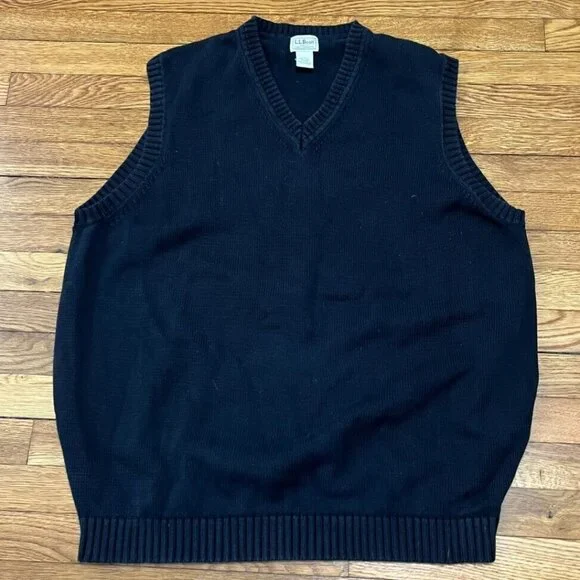 LL Bean Sweater Vest Men's Size XL Tall XLT Black Sleeveless V Neckline Cotton