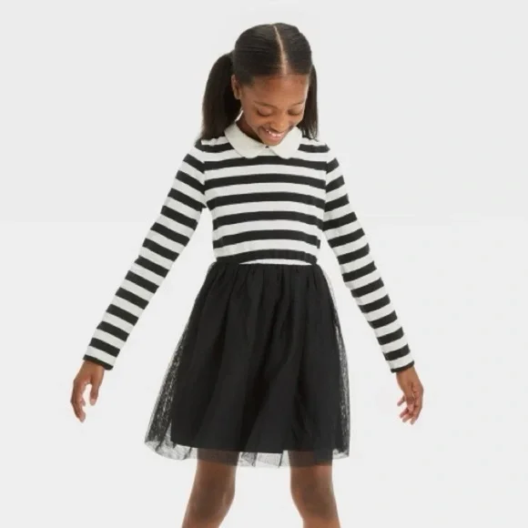 Cat & Jack tulle skirt dress long sleeve Halloween Wednesday Addams Black‎ White