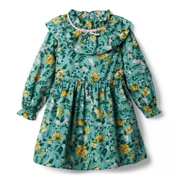 Janie And Jack Malachite Green Floral Ruffle Collar Bow Dress Long Sleeve 4