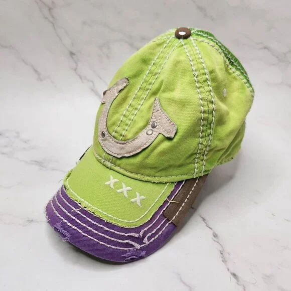 True Religion Vintage Y2K XXX Distressed Baseball Trucker Hat Horseshoe Green OS