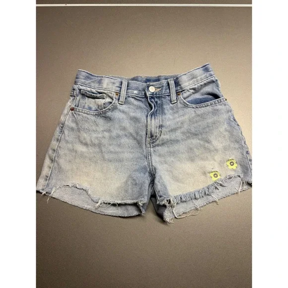 Old Navy Girls Light Wash Raw Hem Denim Shorts Flower Embroidery Size 12 Plus