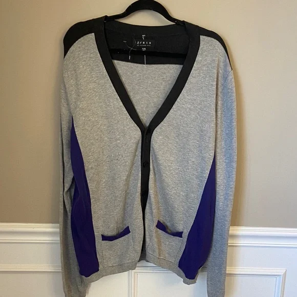 NWOT 21 Men Gray Cardigan‎ with Purple and Black Details- XL