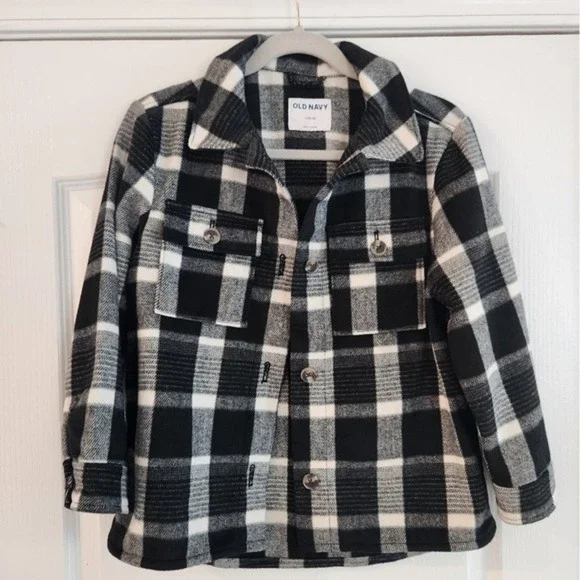 Old Navy Black Plaid Flannel Shacket Kids Unisex Sz 10 Wool‎ Blend Camping