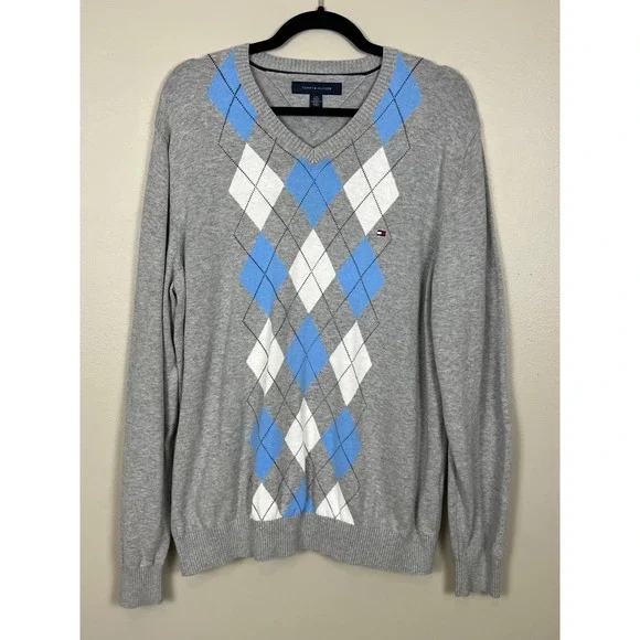Tommy Hilfiger Mens Argyle V-Neck Sweater Gray Blue White Cotton Large 780433