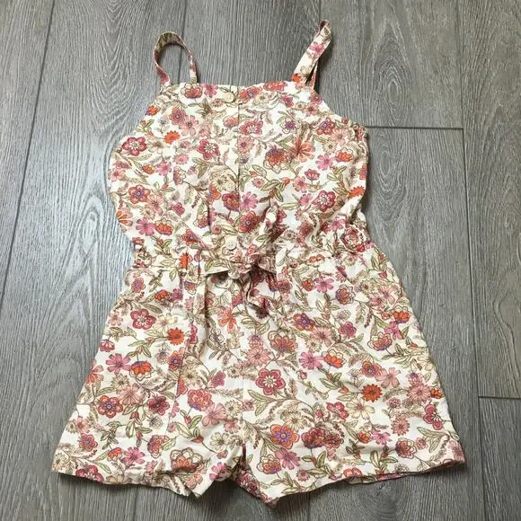 Old Navy Girls Romper Cream Floral Decorative Shoulder Tie Cami Romper Size 8 M