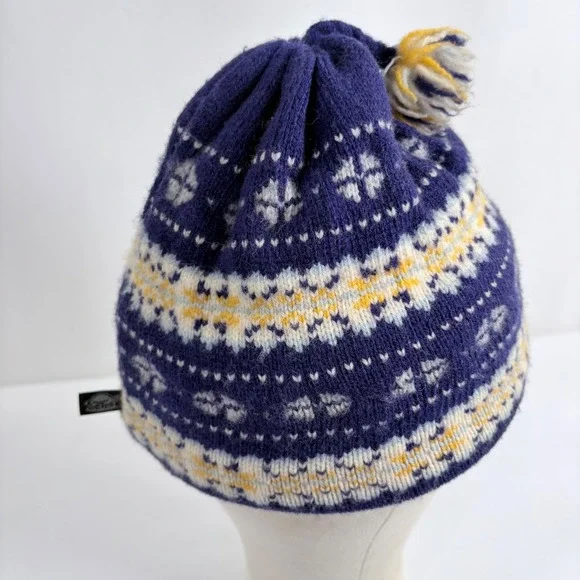 Turtle Fur Beanie Purple Fair Isle Knit‎ Fleece Lined Pom Pom Hat Women Medium