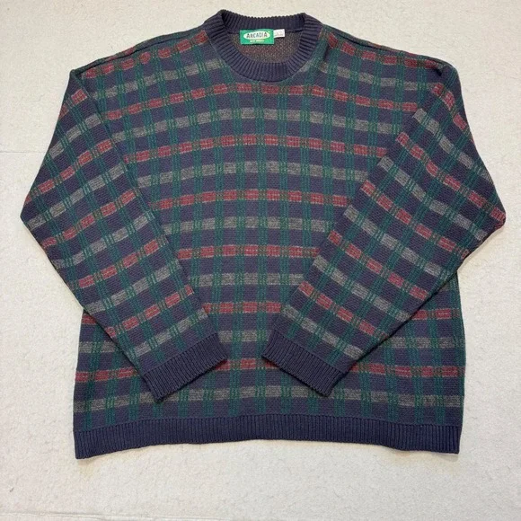 VTG 90s‎ Arcadia Sweater Mens L Blue Red Green Plaid Knit Made in USA Crewneck