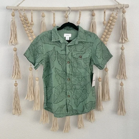 Old Navy boys green Hawaiian print linen shirt tropical luau summer xs 5